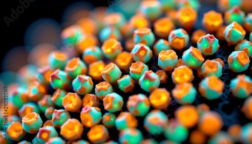 The image shows a close up view of numerous small, colorful candies scattered across a surface