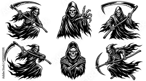 Quadro su tela Set of black and white grim reaper illustrations.