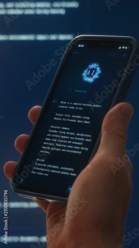 Close up of hand holding smartphone with AI chatbot assistant app. Artificial intelligence applications on phone and computer help with daily and work tasks. Vertical video