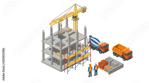 Isometric construction site with building under development and workers
