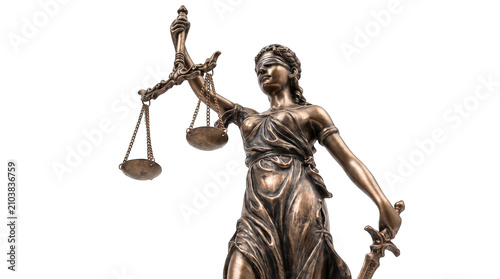 фотографія Bronze Justice Statue holding scales and sword in balanced pose against bright s