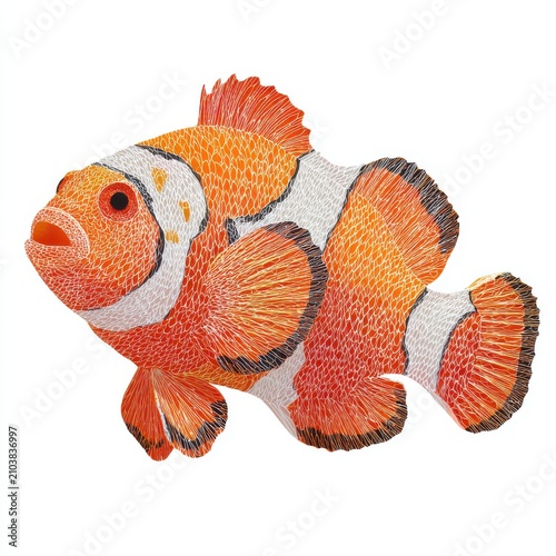 Stippled Illustration Of A Vivid Orange And White Clownfish Isolated On A Clean White Background