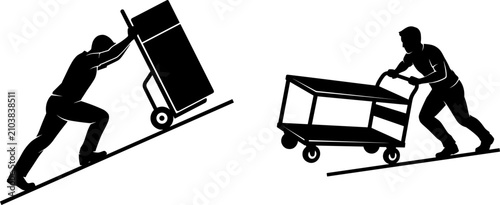 Tableau sur toile Delivery Worker and Mover Silhouettes Pushing Hand Truck and Service Cart Up Inc