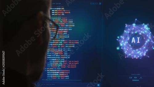 Close-up from behind of software engineer working with AI assistant, programming on a large monitor, Artificial intelligence agent writing code, helping with software development. Copy space