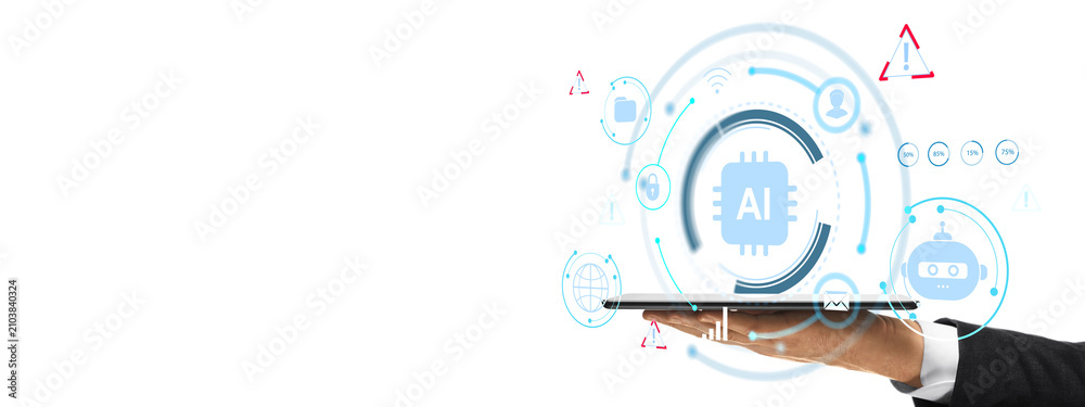 Obraz premium Business hand balancing tablet with circular blue AI interface hologram in photographic style on white background, concept of machine learning and automation