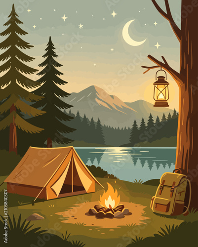 Adventure night camping site by the lake with a tent, burning campfire, backpack, and hanging lantern under a starry sky with crescent moon, vector illustration.