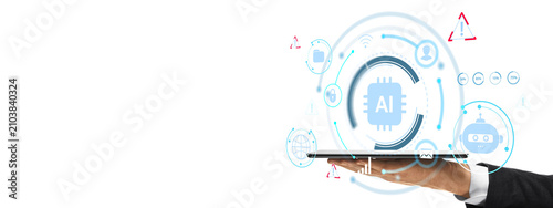 Business hand balancing tablet with circular blue AI interface hologram in photographic style on white background  concept of machine learning and automation