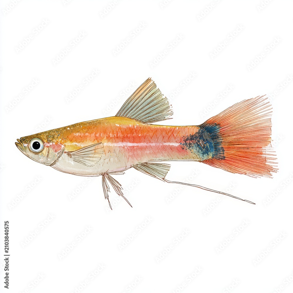 Fototapeta premium Watercolor Illustration Of A Small Guppy Fish With Orange Tail And Fins Against A Plain White Backdrop