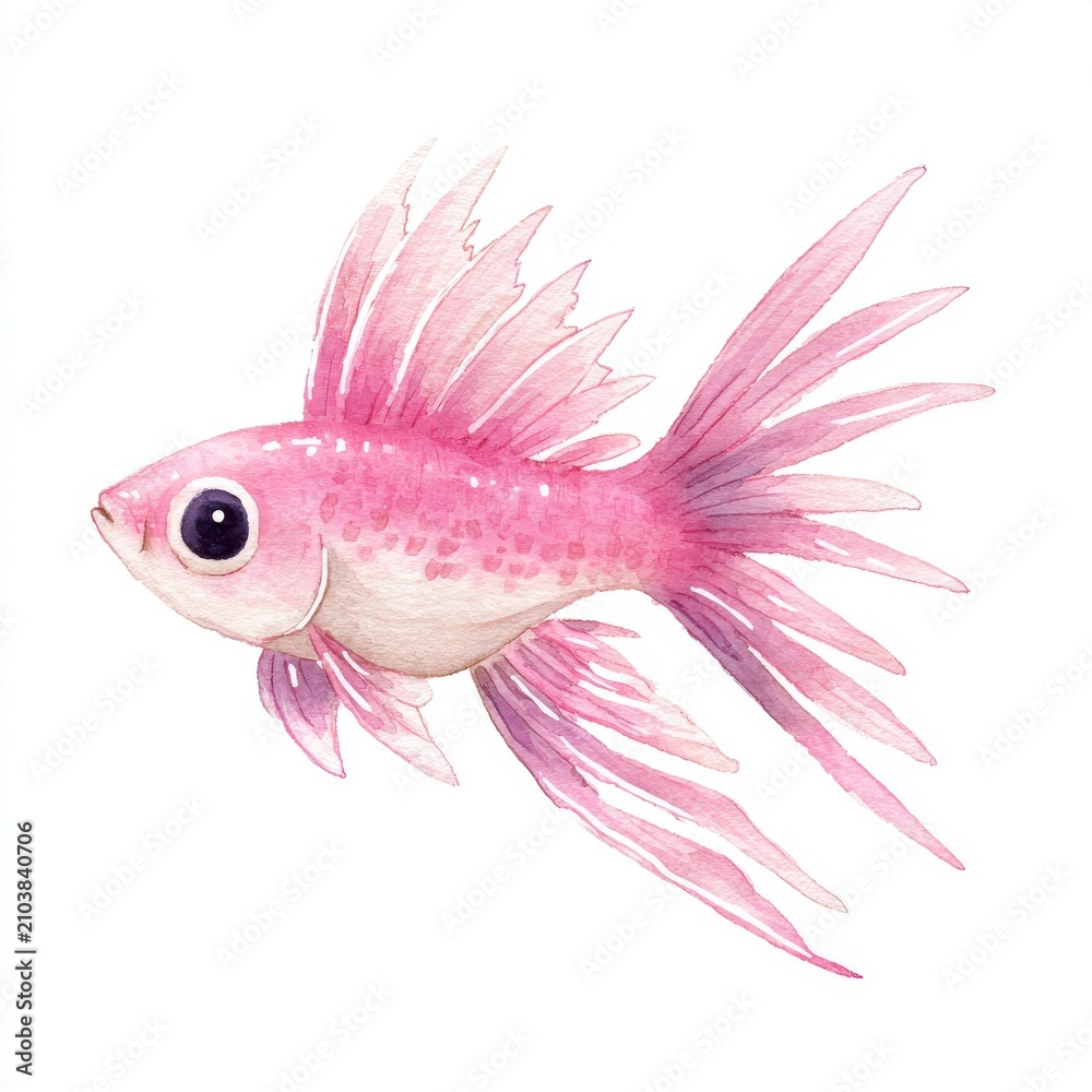 Fototapeta premium Watercolor Painting Of A Pretty Pink Exotic Tropical Fish With Spiky Fins On A White Background