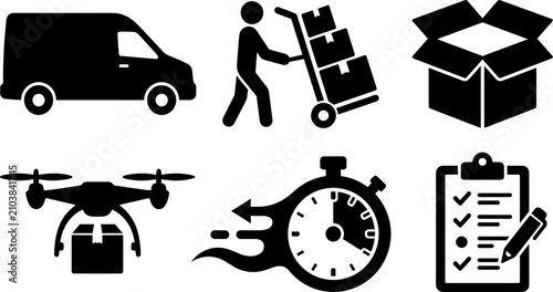 Foto Logistics and Fast Delivery Service Icon Set with Shipping Van, Hand Truck Couri