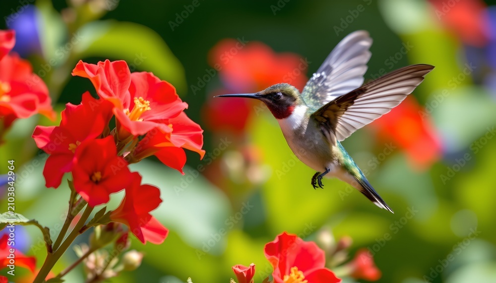 Obraz premium A hummingbird is captured mid flight near a cluster of vibrant red flowers, with its wings blurred due to rapid movement