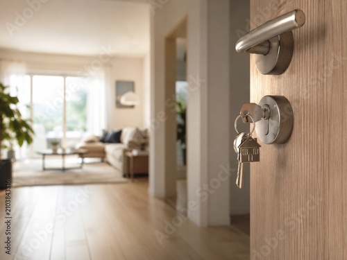 Llave en la puerta de entrada con vista al salón y la luz natural