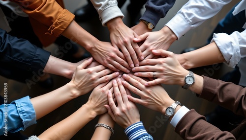 Multiple hands are stacked together in the center of the image, symbolizing unity and teamwork