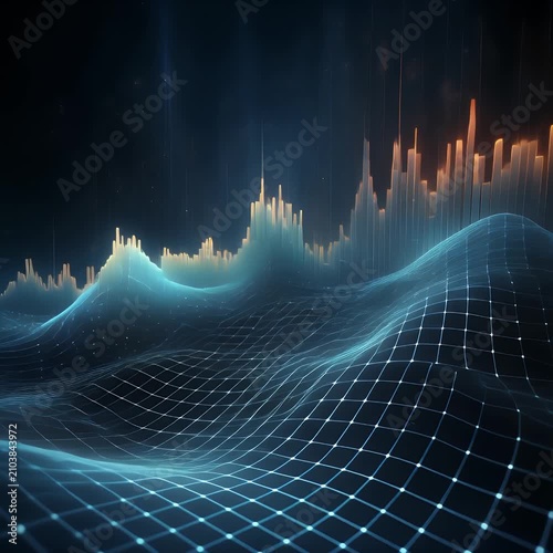 Abstract digital data visualization with glowing grid wave and bar chart graph representing technology concept of big data, network and finance
