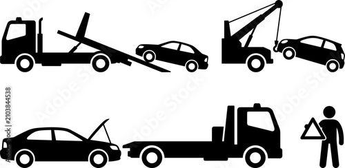 Schilderij op canvas Tow Truck and Roadside Assistance Icon Set with Flatbed Hauler, Wrecker Crane, B