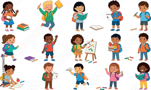 Happy School Children Cartoon Character Vector Collection Featuring Cute Kids Learning Reading Creativity And Classroom Activities