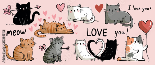 Cute Cats Valentine Pattern with Hearts Balloons and Love Text