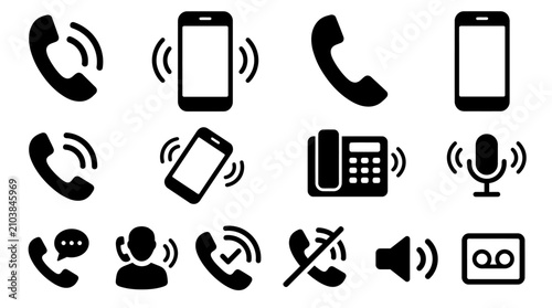 Bild auf Leinwand A collection of black communication and telephone icons on a white background