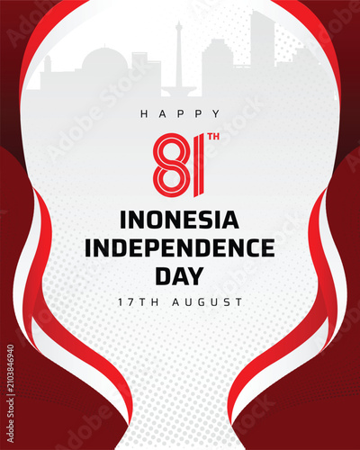 Indonesia Independence Day Poster with Flowing Ribbon and Modern Red White Background