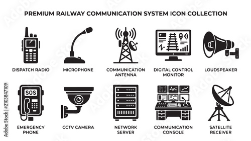 Foto Premium railway communication system icon collection, black vector icons for tra