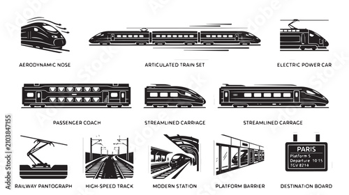 Картината върху платно Modern high speed train icons set, black and white railway transportation vector