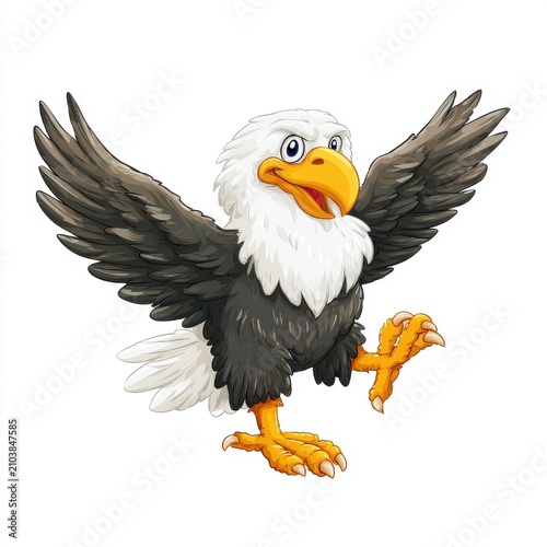Cartoon Bald Eagle Mascot Character With Spread Wings And Cheerful Expression On White Background
