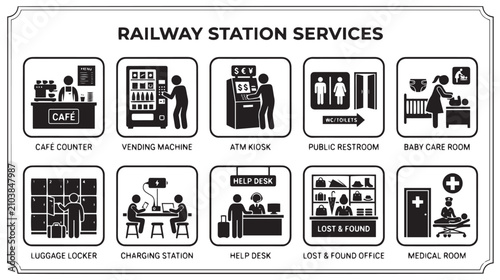 Obraz na płótnie Railway station services icon set, 10 black and white transport facility pictogr