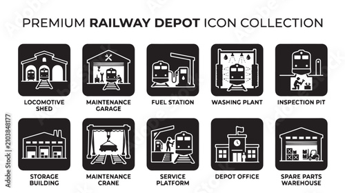 Quadro su tela Premium railway depot icon collection, set of 10 train maintenance and locomotiv