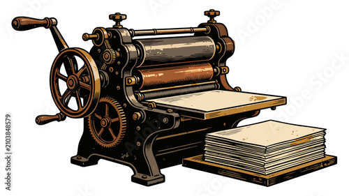 Antique cylinder printing press machine with a stack of paper on a black background, vintage industrial letterpress vector illustration.