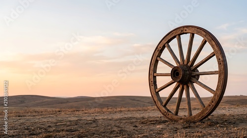 Old wooden wagon wheel standing in a desert landscape at sunset