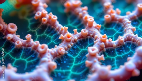 The image features a close up view of a coral structure with intricate, branching formations adorned with numerous small, rounded protrusions