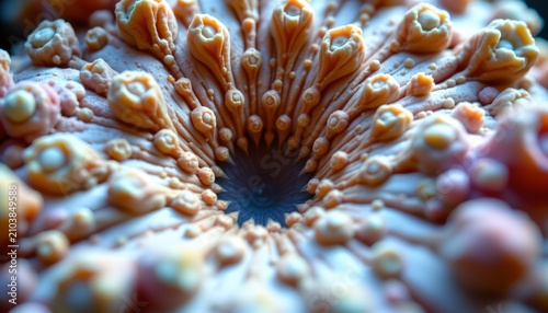 The image showcases a close up view of a sea star's central disc and its surrounding arms, highlighting the intricate texture and vibrant colors of the organism