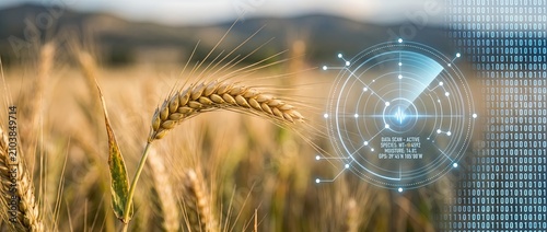 Expansive golden wheat field enhanced with a digital overlay symbolizing advancements in agricultural technology data analysis and innovative smart farming techniques for effective crop management.