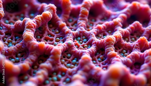 The image depicts a close up view of a vibrant, textured surface resembling a coral or marine organism