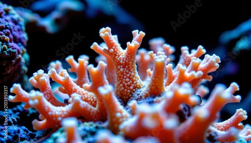 The image showcases a close up view of a vibrant coral colony, characterized by its branching structure and textured surface
