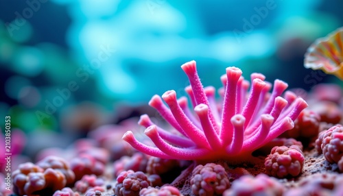 The image features a vibrant, pink coral with elongated, finger like structures extending upwards from a base surrounded by smaller, rounded coral formations