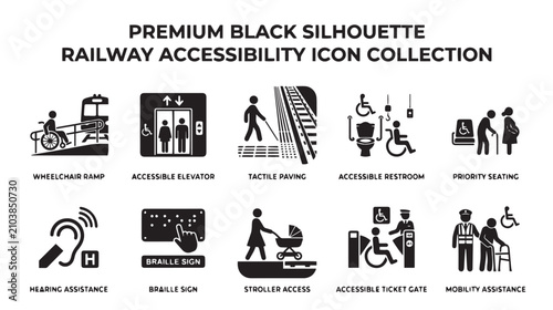 Premium black silhouette railway accessibility icon collection, 10 disability transport vector symbols, inclusive public transit signage set