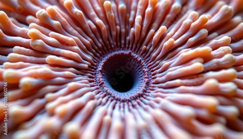 The image features a close up view of the interior of a sea anemone or coral, showcasing its vibrant, tubular structure