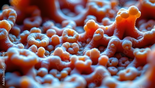 The image features a close up view of numerous small, rounded structures clustered together, resembling tiny coral colonies or abstract organic formations