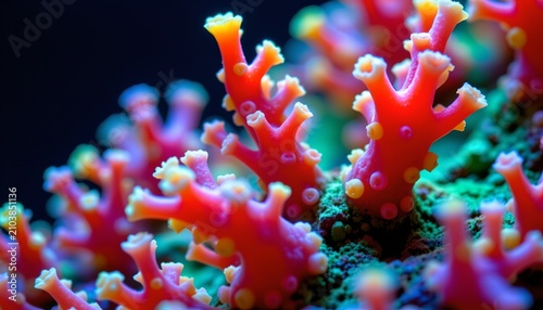 The image features a close up view of colorful coral, showcasing its intricate branching structures