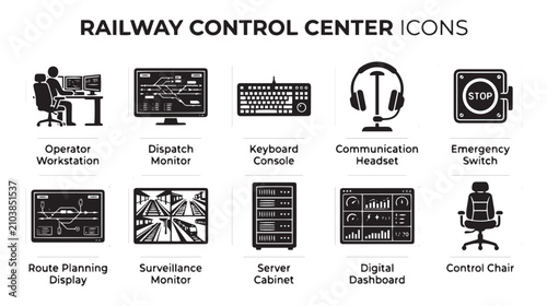 Tableau sur toile Railway control center icons set, black vector pictograms for train dispatch and