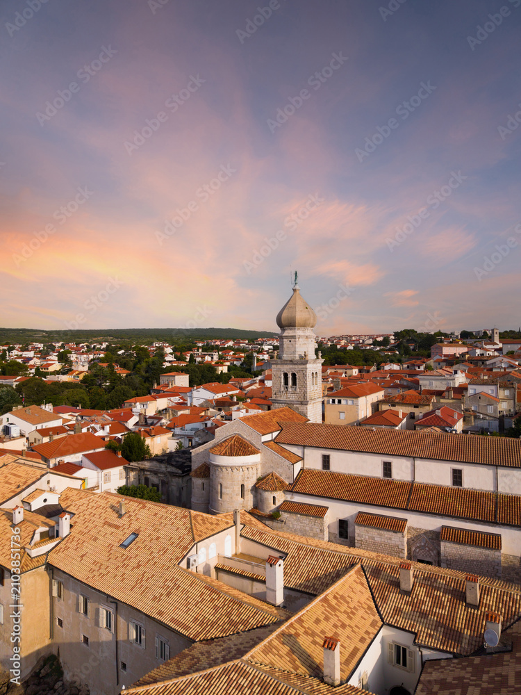 Obraz premium Krk Cathedral and Historic Old Town at Sunset, Krk Island, Croatia