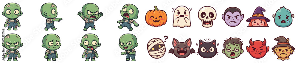 Obraz premium Cute Halloween Monster Sticker Set with Zombie Ghost Pumpkin Witch and Vampire Vector Icons
