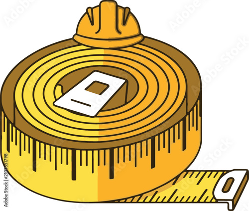 Yellow construction tape measure illustration with hard hat with featuring measurement markings cartoon style, representing construction work, helmet top featuring, building, ruled, tool