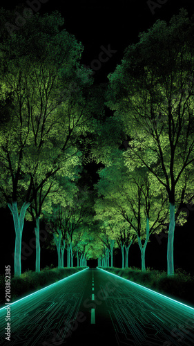 Night road tree nature conservation forest glowing path neon green light under dark sky with futuristic calm mood
