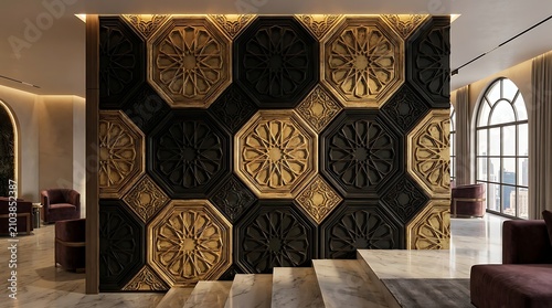 Modern lobby interior featuring luxury geometric wall art with golden and dark octagonal patterns and elegant marble staircase.