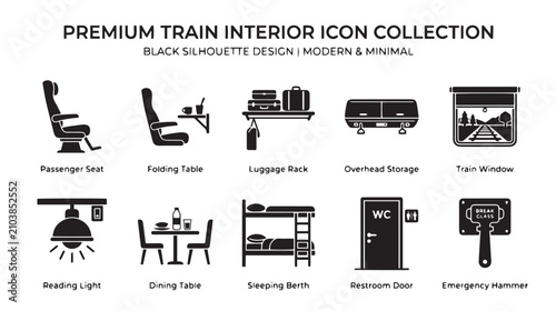 Obraz na płótnie Premium train interior icon collection, black silhouette design for railway trav