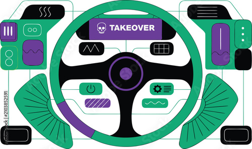Quadro su tela Steering wheel control interface with takeover warning sign steering takeover in