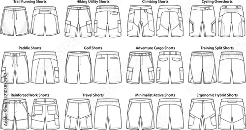 Cuadro en lienzo Set of mens shorts fashion flat sketches front and back views for apparel techni