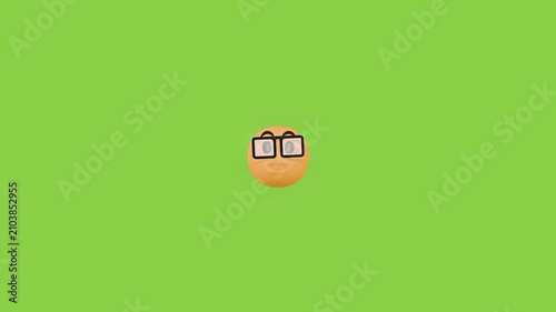 Three identical nerd emojis floating horizontally against a solid bright green background backdrop with horizontally across vibrant identical round orange black glasses floating